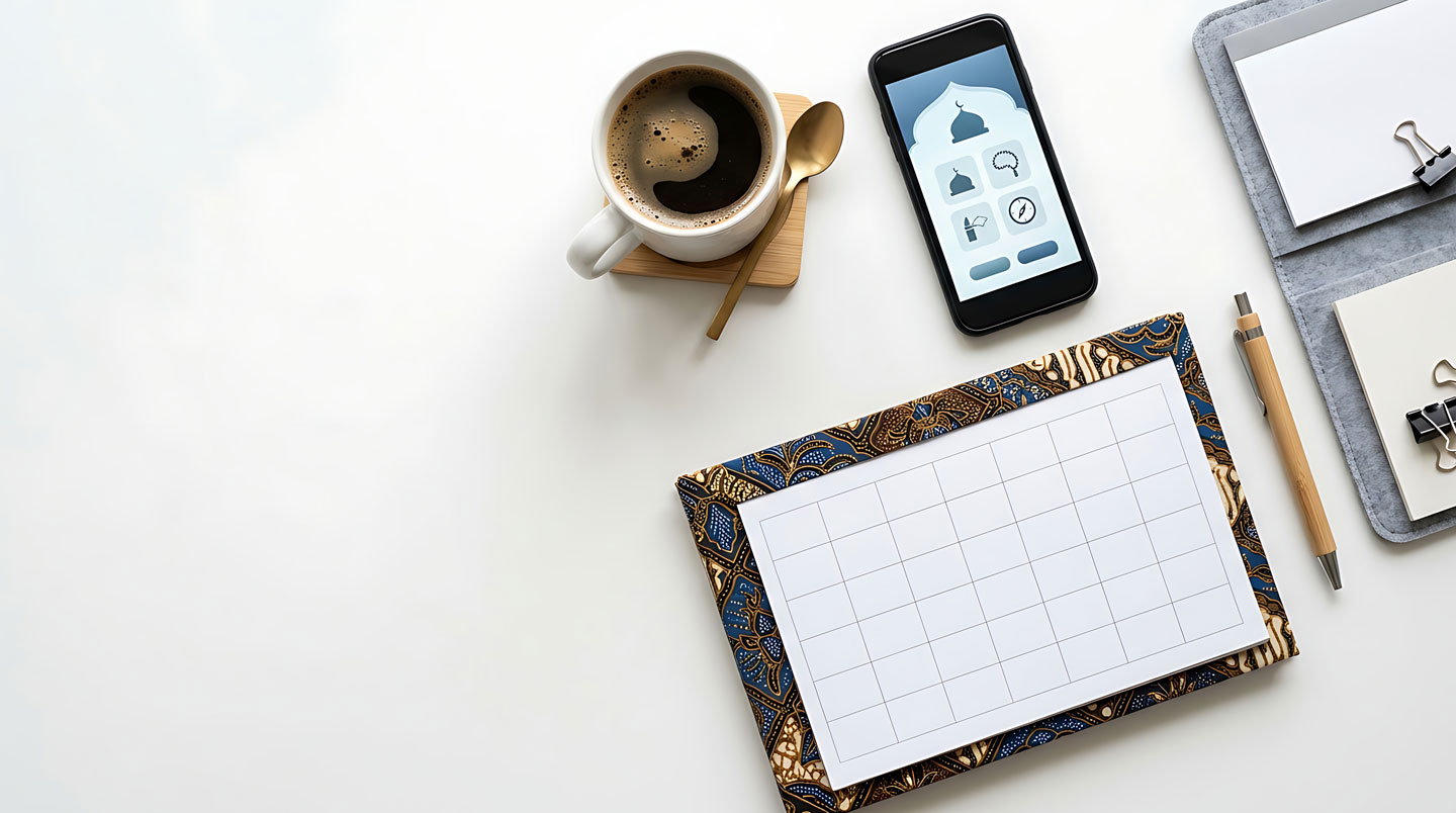 Femme professionnelle portant hijab gris clair et chemisier beige consultant les horaires de prières sur son smartphone dans un bureau moderne lumineux, pause café sur le bureau blanc